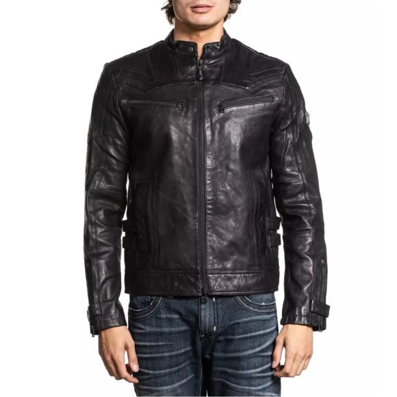 AFFLICTION Leather ON FIRE Men's JACKET Black Bike - Picture 3 of 7